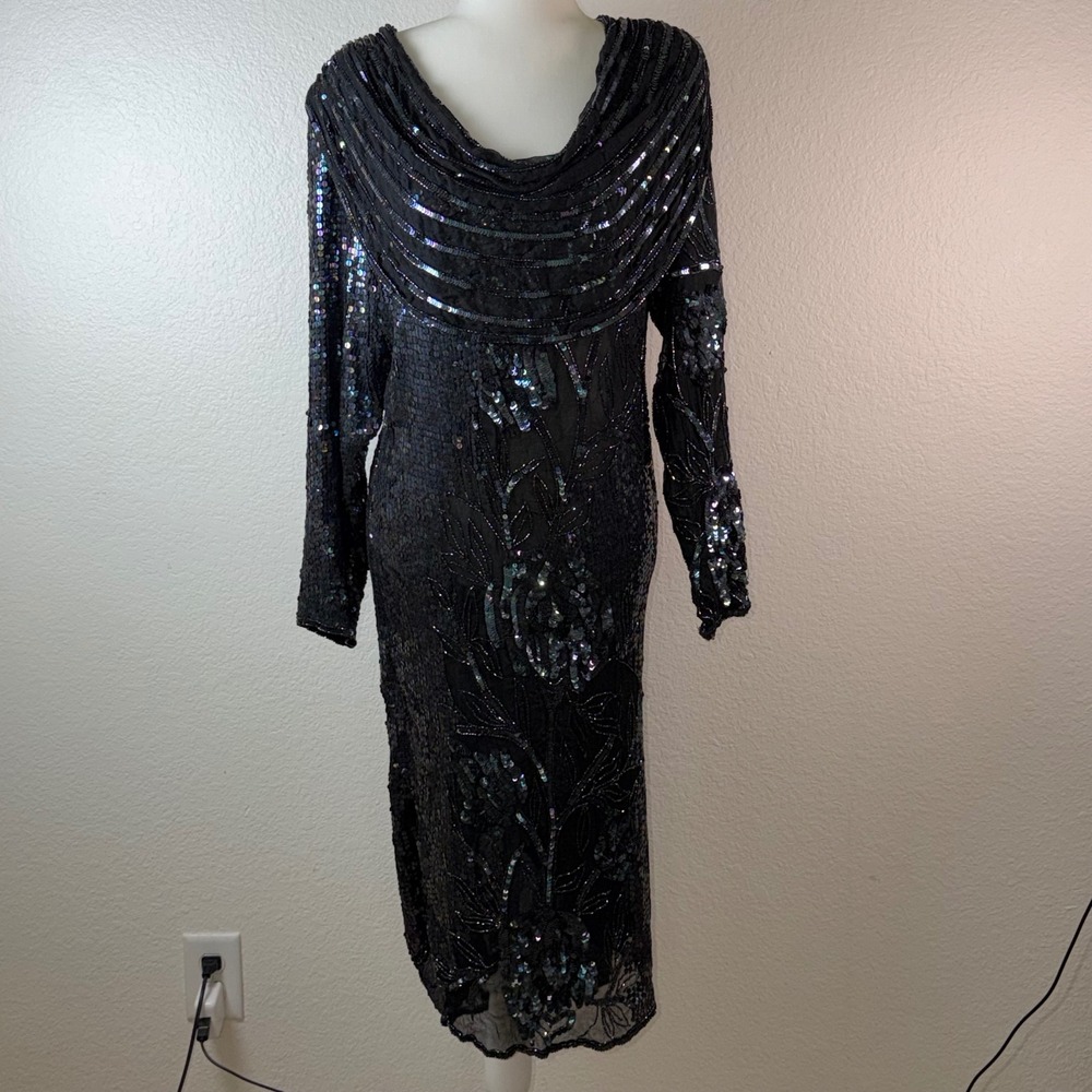 Vintage Pure Silk Bread Sequins Dress S Gatsby Old Money Dark Glamour Cowl Neck